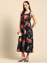 Black Floral Print Layered Fit & Flare Maxi Dress