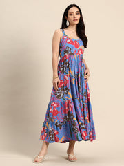 Blue Floral Printed Round Neck Tiered Fit & Flare Midi Ethnic Dress