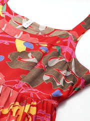 Red Floral Printed Round Neck Tiered Fit & Flare Midi Ethnic Dress