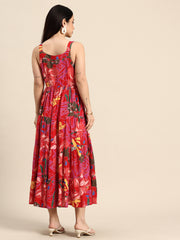 Red Floral Printed Round Neck Tiered Fit & Flare Midi Ethnic Dress