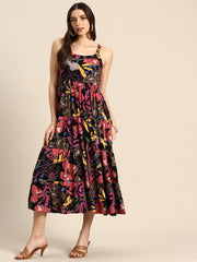 Green Floral Printed Round Neck Tiered Fit & Flare Midi Ethnic Dress