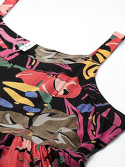 Green Floral Printed Round Neck Tiered Fit & Flare Midi Ethnic Dress