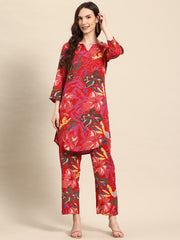 Red Floral Printed Tunic With Trousers