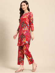 Red Floral Printed Tunic With Trousers