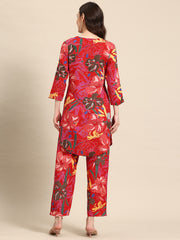 Red Floral Printed Tunic With Trousers
