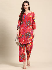 Red Floral Printed Tunic With Trousers