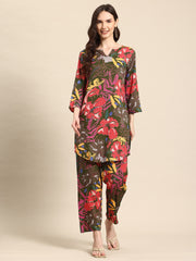 Green & Brown Floral Printed Tunic With Trousers