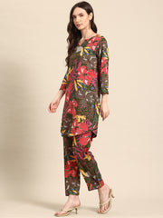 Green & Brown Floral Printed Tunic With Trousers