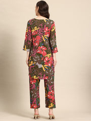 Green & Brown Floral Printed Tunic With Trousers