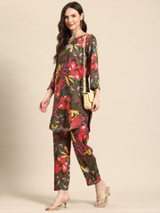 Green & Brown Floral Printed Tunic With Trousers