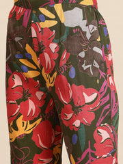 Green & Brown Floral Printed Tunic With Trousers