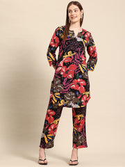 Black Casual Floral Printed Tunic With Trousers