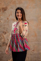 Floral Print Tie-Up Neck Peplum Top