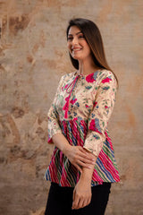 Floral Print Tie-Up Neck Peplum Top