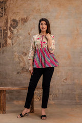 Floral Print Tie-Up Neck Peplum Top