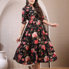Floral Printed Pure Cotton Mandarin Collar Fit and Flare Dress