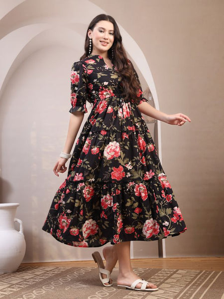 Floral Printed Pure Cotton Mandarin Collar Fit and Flare Dress