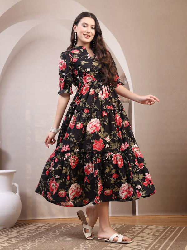 Floral Printed Pure Cotton Mandarin Collar Fit and Flare Dress