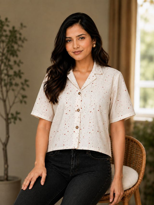 Printed Cotton Shirt Style Crop Top