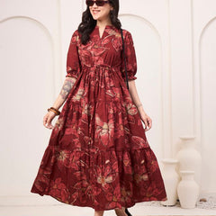 Floral Printed Pure Cotton Fit & Flare Ethnic Dress – Red