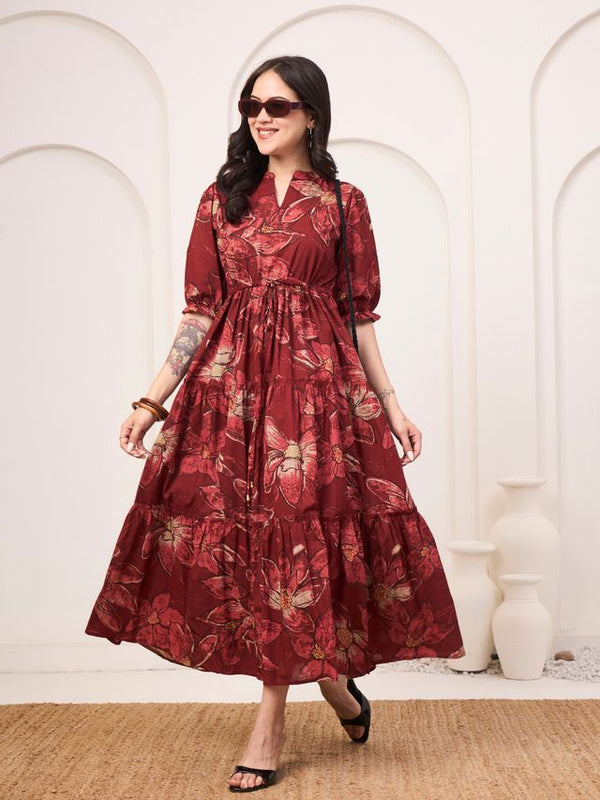 Floral Printed Pure Cotton Fit & Flare Ethnic Dress – Red