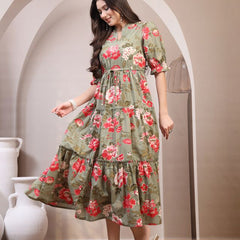 Floral Printed Pure Cotton Mandarin Collar Fit and Flare Dress