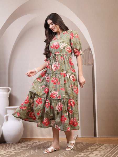 Floral Printed Pure Cotton Mandarin Collar Fit and Flare Dress