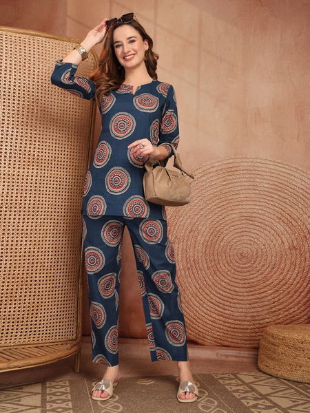 Geometric Printed Pure Cotton Co-Ord Set - Blue