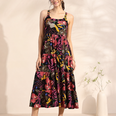Black Floral Printed Round Neck Dress