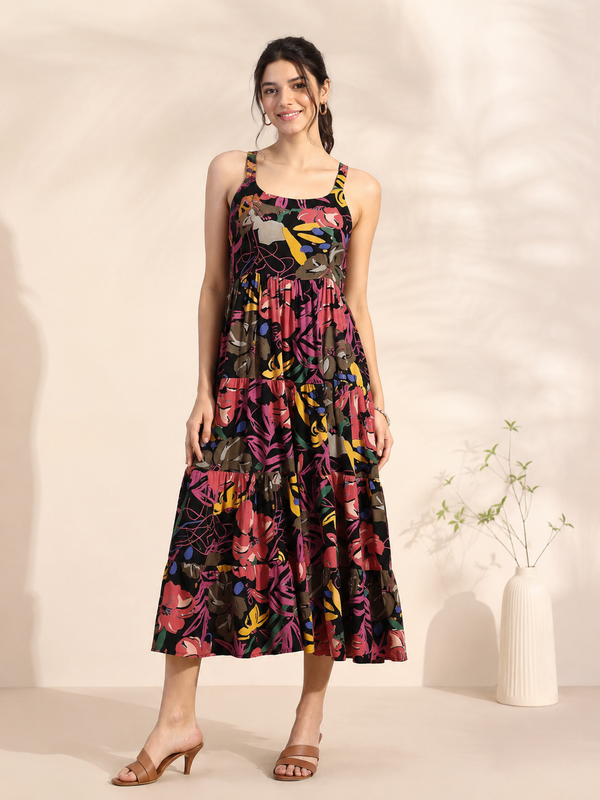 Black Floral Printed Round Neck Dress