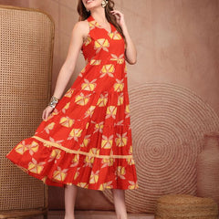 Geometric Printed Pure Cotton A-Line Ethnic Dress - Orange