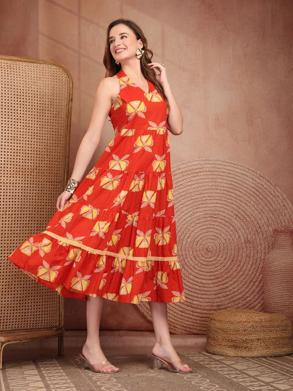 Geometric Printed Pure Cotton A-Line Ethnic Dress - Orange