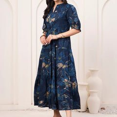 Floral Printed Pure Cotton Fit & Flare Ethnic Dress – Blue