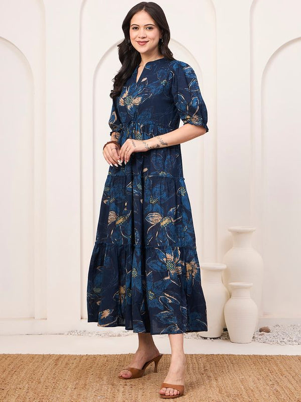 Floral Printed Pure Cotton Fit & Flare Ethnic Dress – Blue