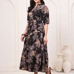 Floral Printed Pure Cotton Fit & Flare Ethnic Dress – Black