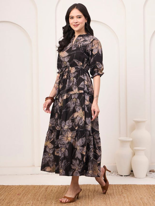 Floral Printed Pure Cotton Fit & Flare Ethnic Dress – Black