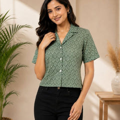 Geometric Print Cotton Lurex Shirt Style Crop Top