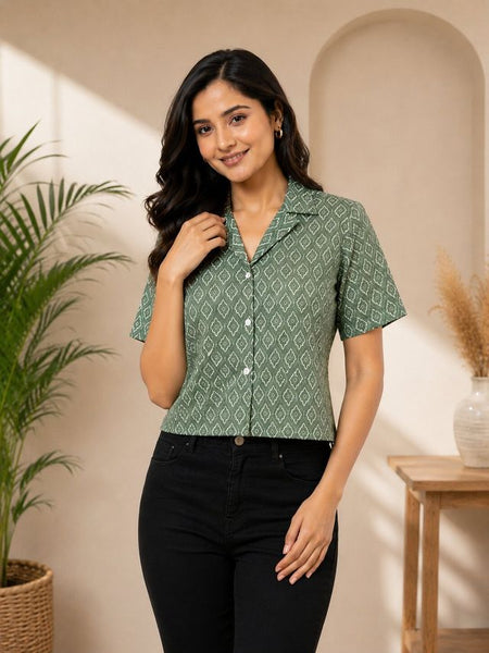 Geometric Print Cotton Lurex Shirt Style Crop Top