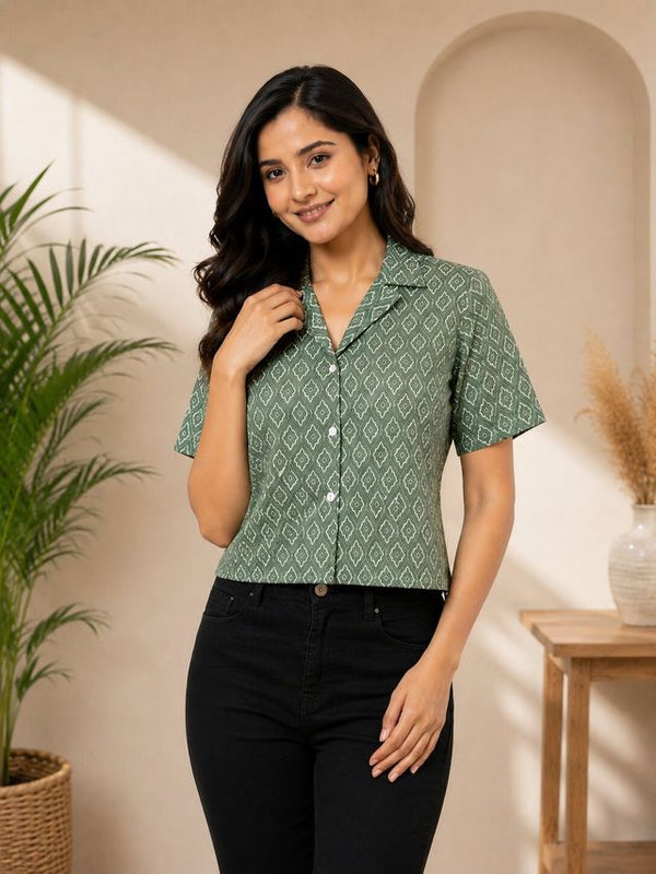 Geometric Print Cotton Lurex Shirt Style Crop Top