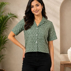 Geometric Print Cotton Lurex Shirt Style Crop Top