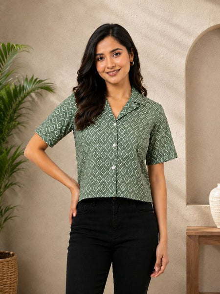 Geometric Print Cotton Lurex Shirt Style Crop Top
