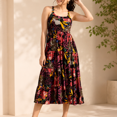 Black Floral Printed Round Neck Dress