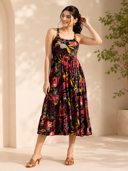 Black Floral Printed Round Neck Dress