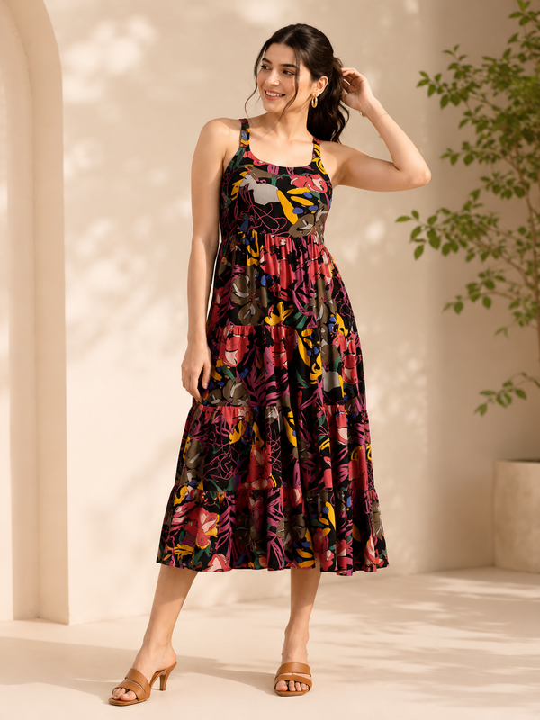 Black Floral Printed Round Neck Dress