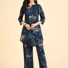 Floral Printed Pure Cotton Co-Ord Set with Palazzo – Blue