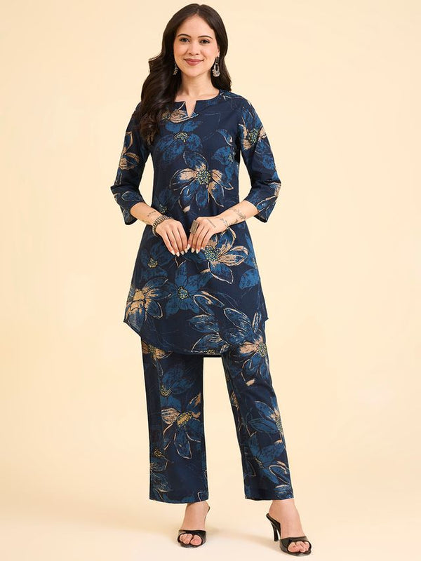 Floral Printed Pure Cotton Co-Ord Set with Palazzo – Blue