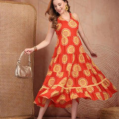 Geometric Printed Pure Cotton A-Line Ethnic Dress - Orange