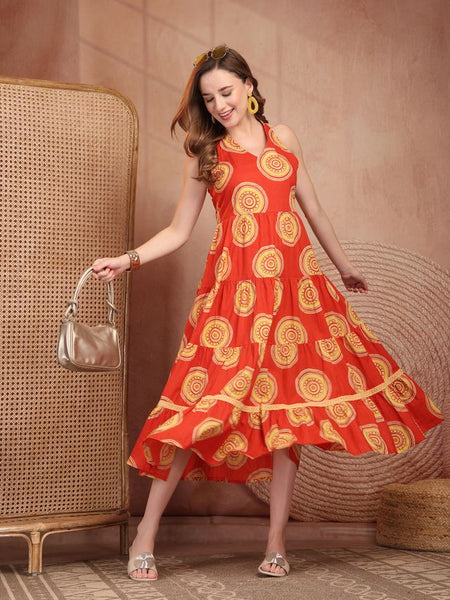Geometric Printed Pure Cotton A-Line Ethnic Dress - Orange