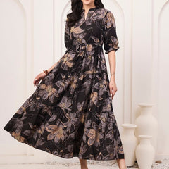 Floral Printed Pure Cotton Fit & Flare Ethnic Dress – Black