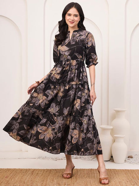 Floral Printed Pure Cotton Fit & Flare Ethnic Dress – Black